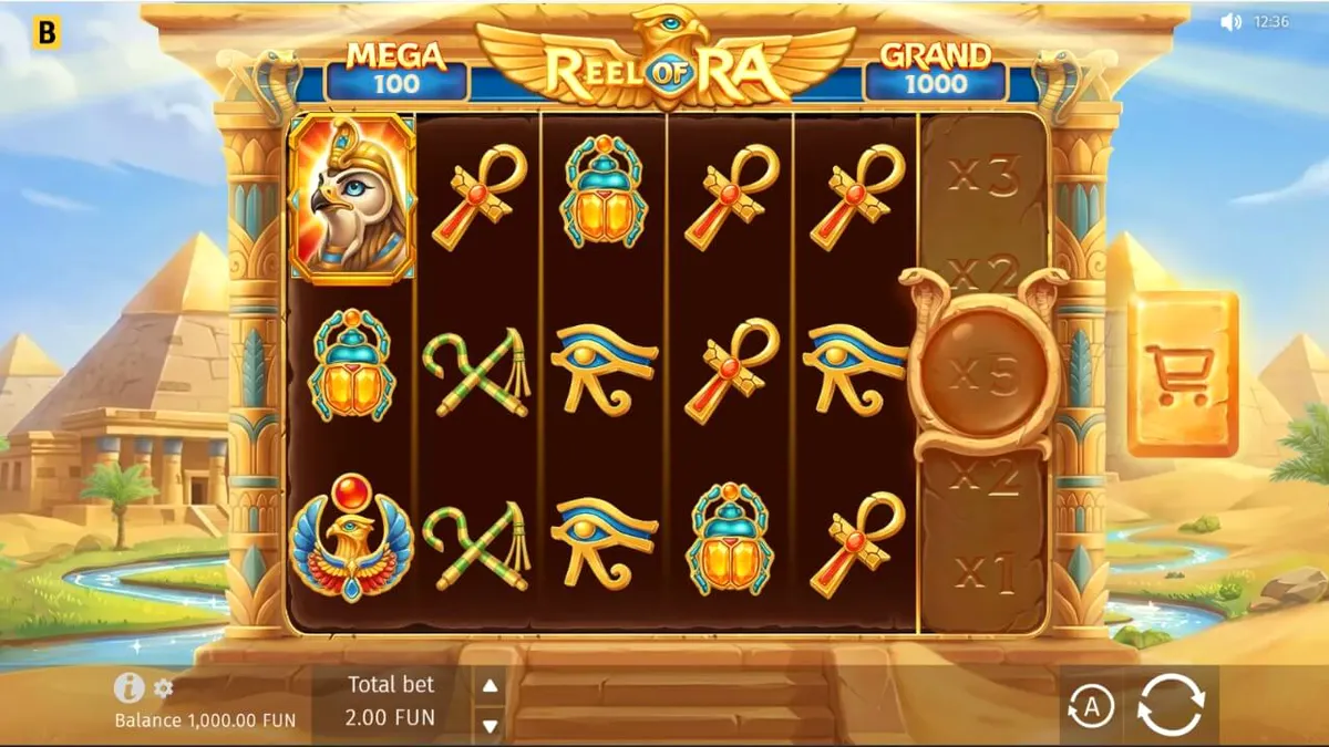 Giao diện trò chơi slot Reel of Ra với bối cảnh đền thờ Ai Cập cổ đại và các biểu tượng vàng ròng