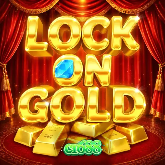 Giao diện trò chơi Lock On Gold với các thỏi vàng và phông nền sân khấu sang trọng