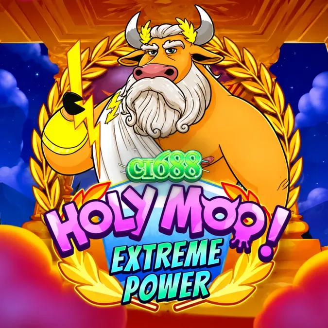 Giao diện trò chơi slot Holy Moo! Extreme Power với lưới 6x6 và chủ đề thần thoại bò